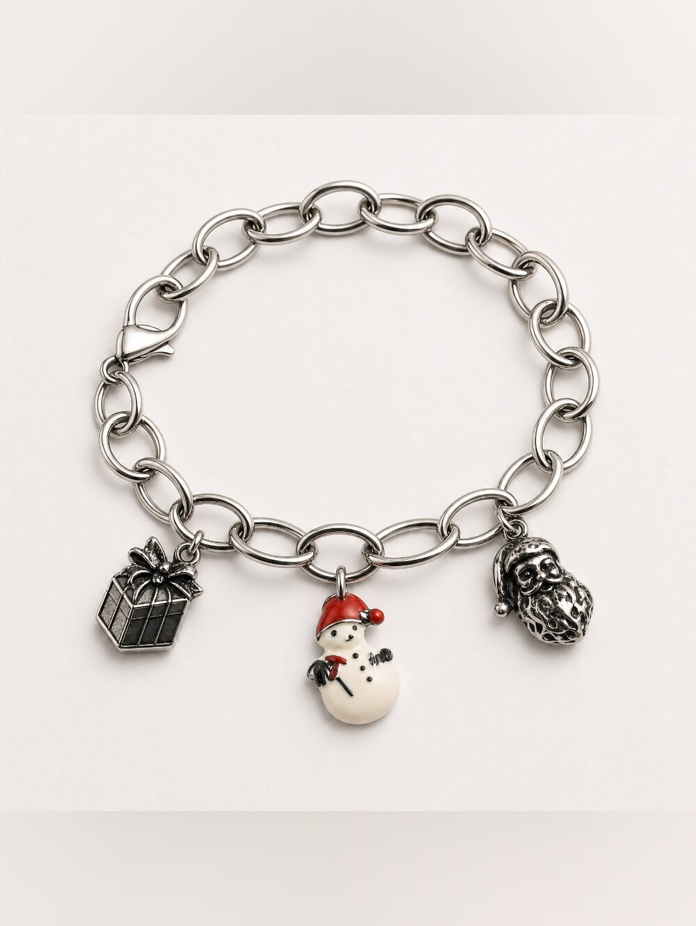 Christmas Charm Bracelet 7.25" Silver Tone Snowman Santa Gift Box Holiday